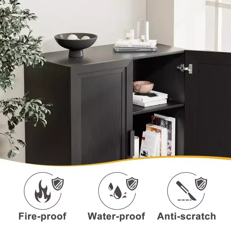 Buffet bahut en bois 67x62x16 Noir, Organisateur de rangement avec étagères réglables et portes en verre pour cuisine, chambre, salon/salle à manger