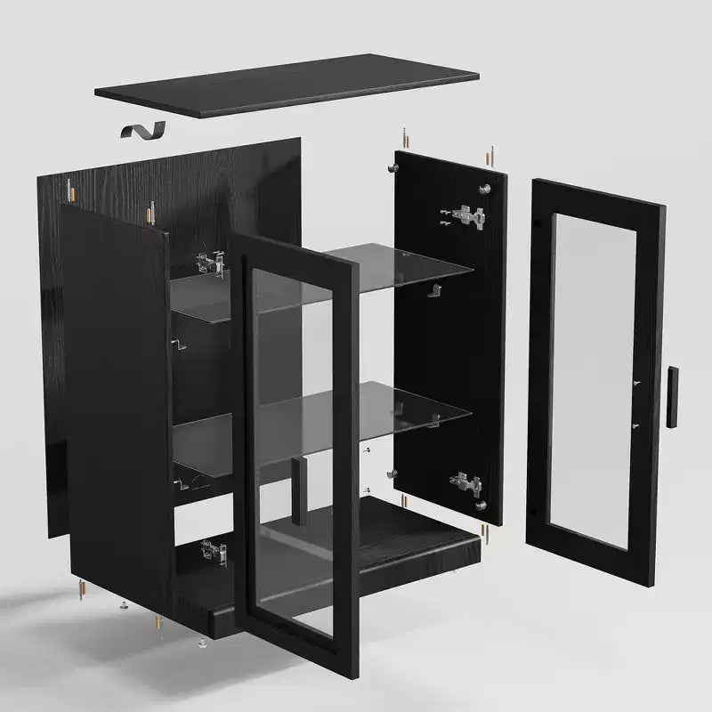 Buffet bahut en bois 67x62x16 Noir, Organisateur de rangement avec étagères réglables et portes en verre pour cuisine, chambre, salon/salle à manger