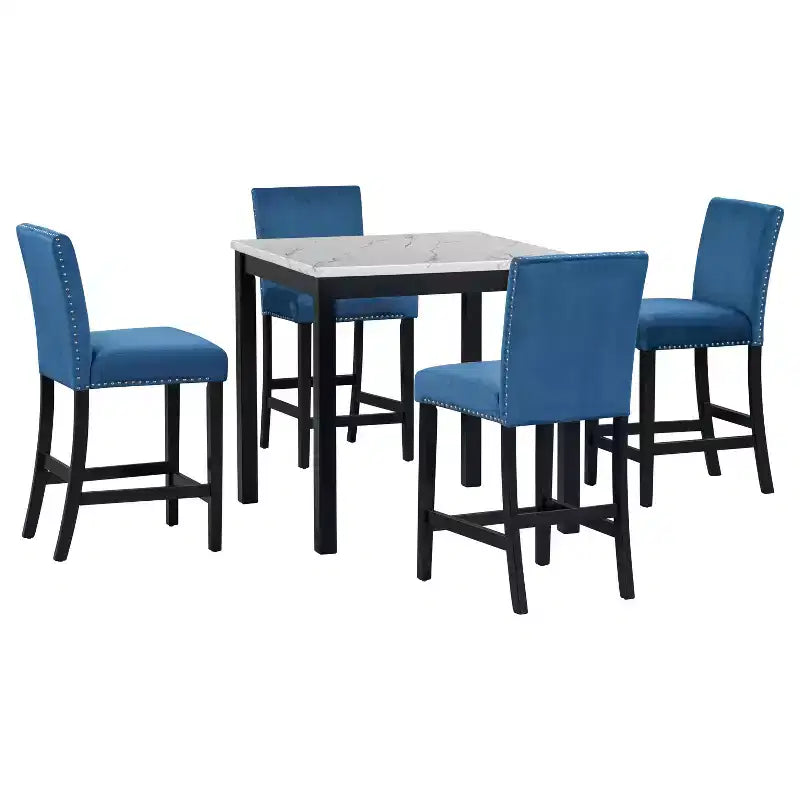 5 PCS Dining Set Counter Height Dining Table Set Bar Height Dining Set with 4 Velvet-Upholstered Chairs&Faux Marble Top Dining Table-ModernLuxe