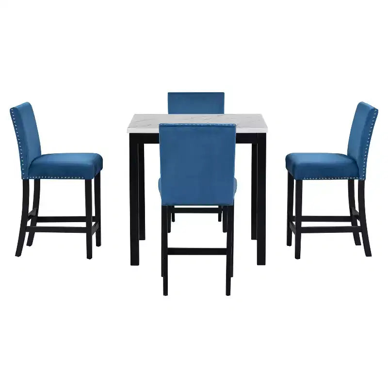 5 PCS Dining Set Counter Height Dining Table Set Bar Height Dining Set with 4 Velvet-Upholstered Chairs&Faux Marble Top Dining Table-ModernLuxe