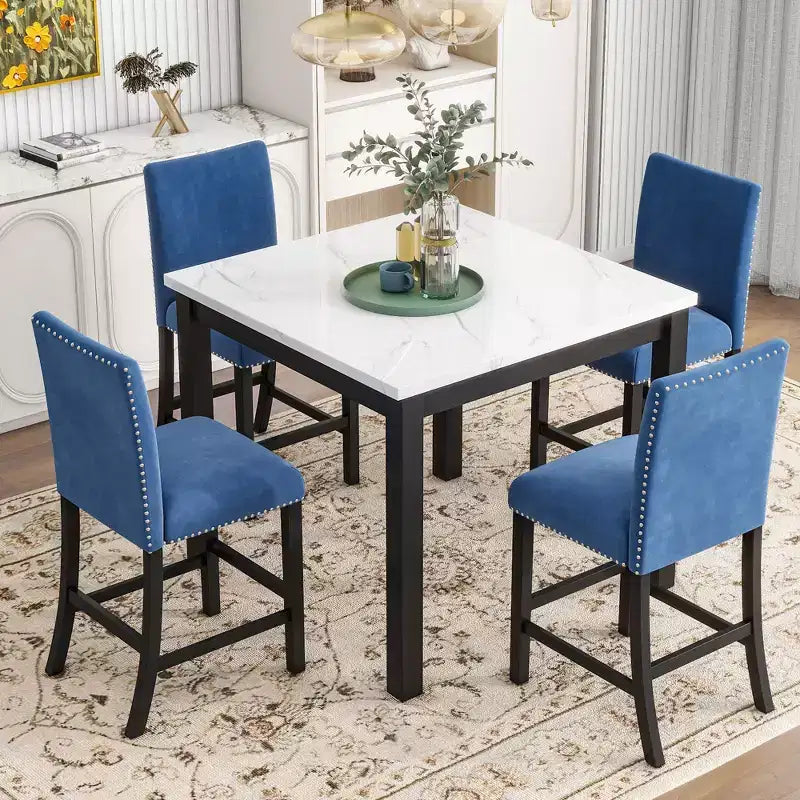 5 PCS Dining Set Counter Height Dining Table Set Bar Height Dining Set with 4 Velvet-Upholstered Chairs&Faux Marble Top Dining Table-ModernLuxe