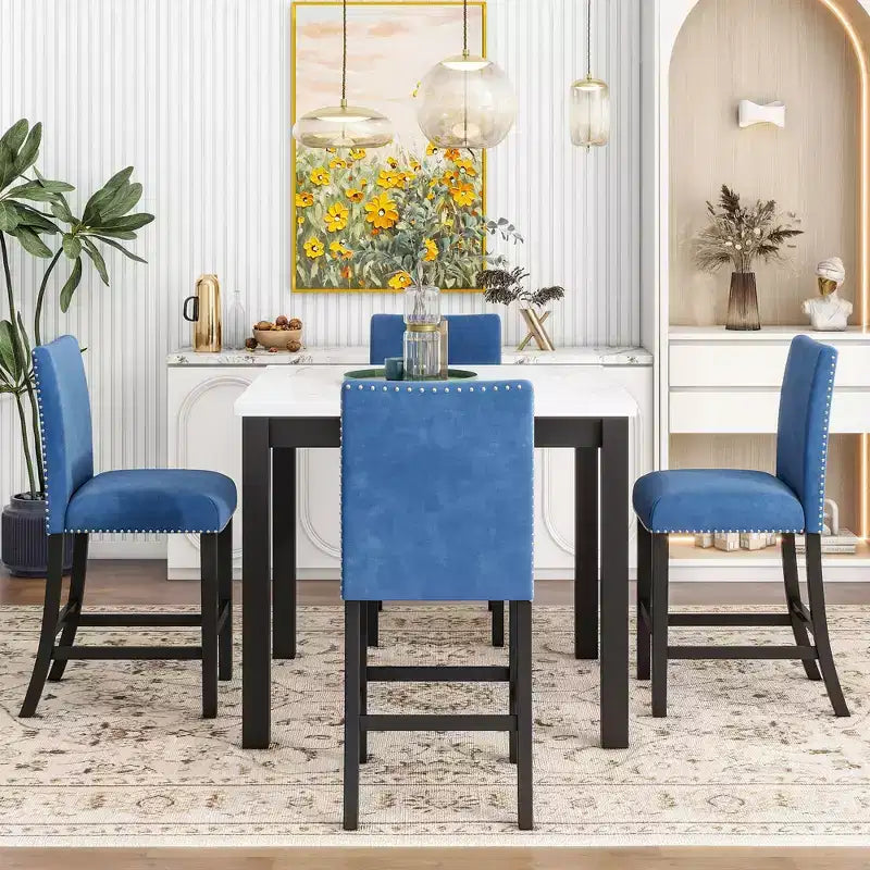 5 PCS Dining Set Counter Height Dining Table Set Bar Height Dining Set with 4 Velvet-Upholstered Chairs&Faux Marble Top Dining Table-ModernLuxe
