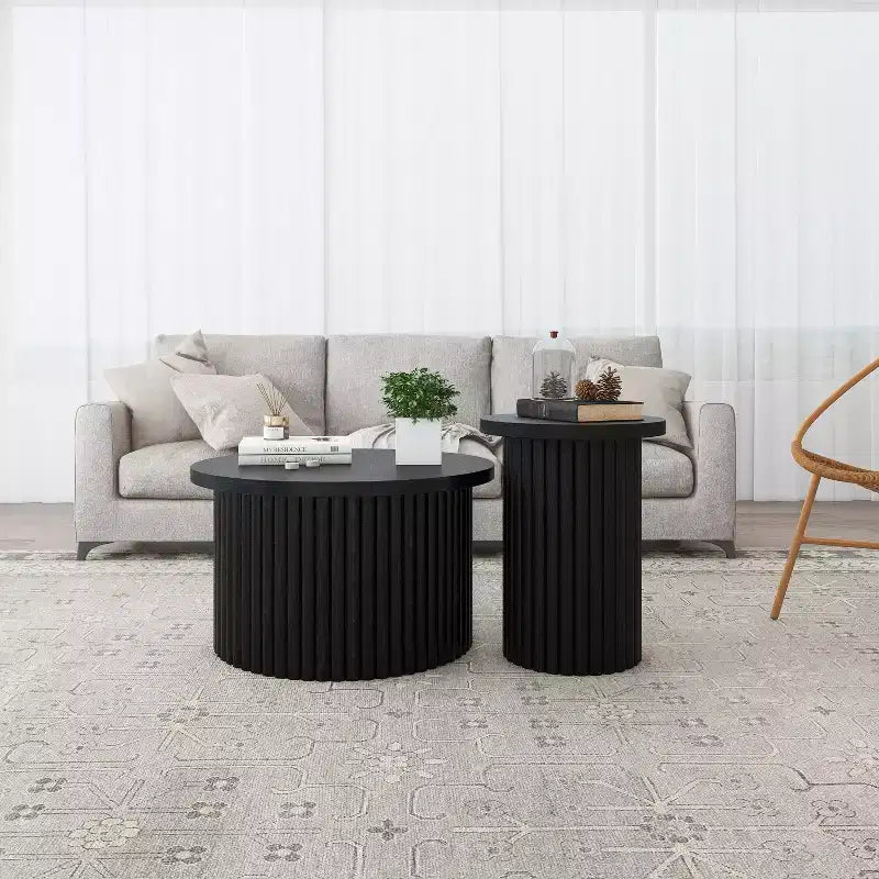 Round Nesting Coffee Table End Table Cocktail Table Accent Table SIde Table Center Table, Natural/Black-ModernLuxe