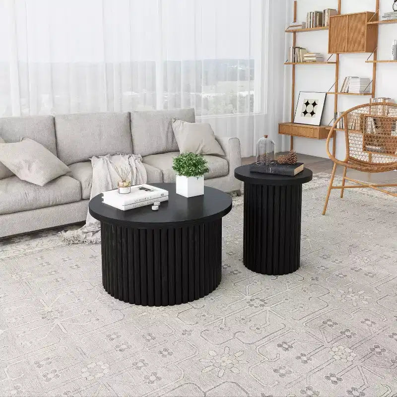 Round Nesting Coffee Table End Table Cocktail Table Accent Table SIde Table Center Table, Natural/Black-ModernLuxe