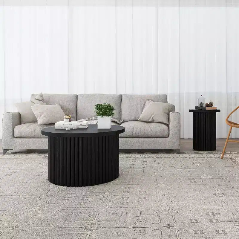 Round Nesting Coffee Table End Table Cocktail Table Accent Table SIde Table Center Table, Natural/Black-ModernLuxe