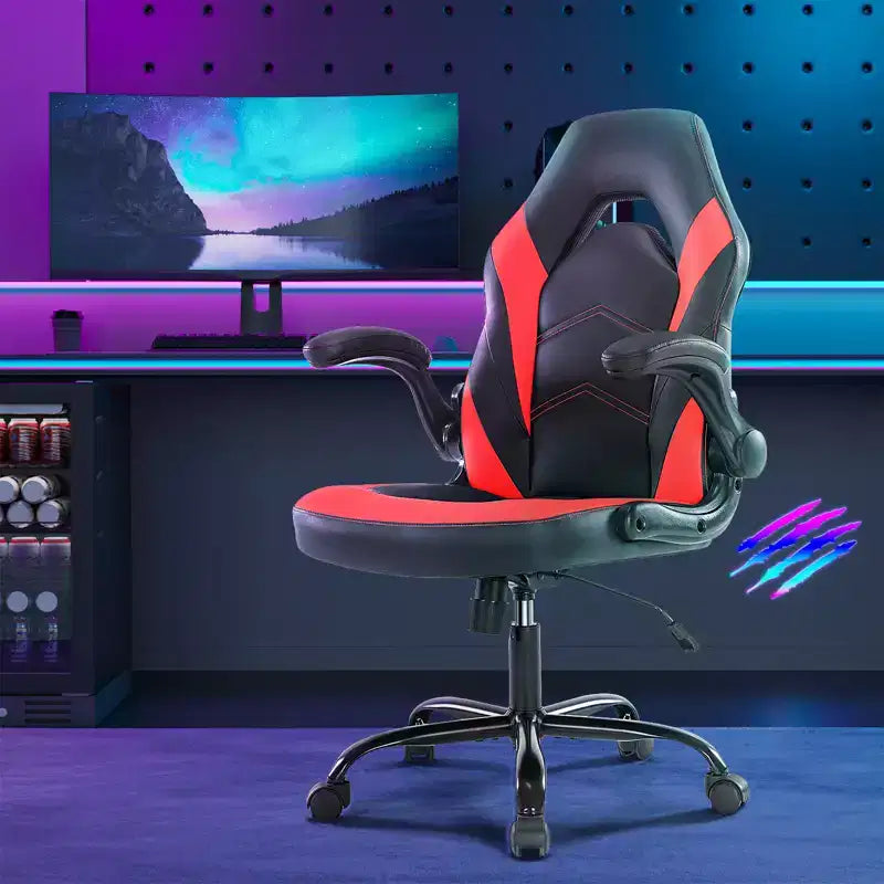 Bestier Gaming Chair, PU Leather Computer Swivel Chair with Lumbar Support, Adjustable Backrest and Flip-up Armrest for Home Office Desk Chair