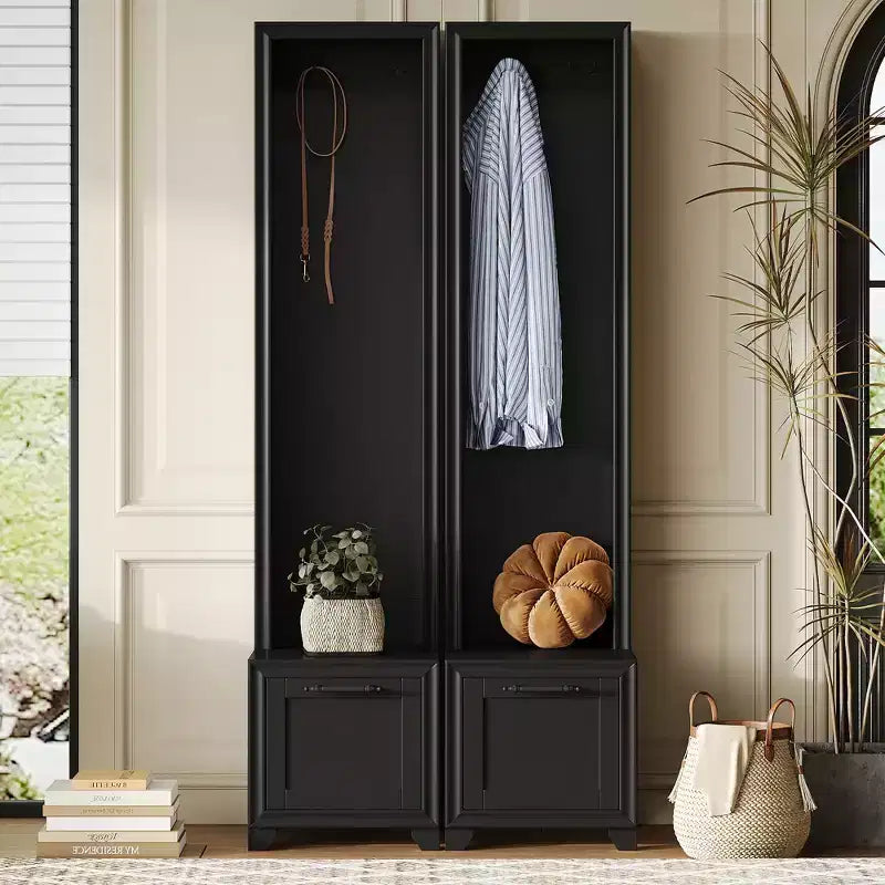 Whisen Elegant Free Standing Hall Tree Set of 2, Multifunctional 3-IN-1 Entryway Coat Rack with Black Retro Handles