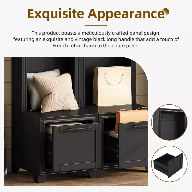 Whisen Elegant Free Standing Hall Tree Set of 2, Multifunctional 3-IN-1 Entryway Coat Rack with Black Retro Handles