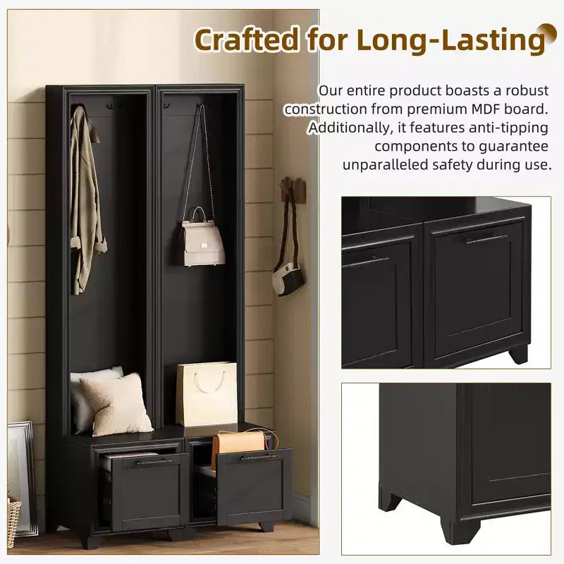 Whisen Elegant Free Standing Hall Tree Set of 2, Multifunctional 3-IN-1 Entryway Coat Rack with Black Retro Handles