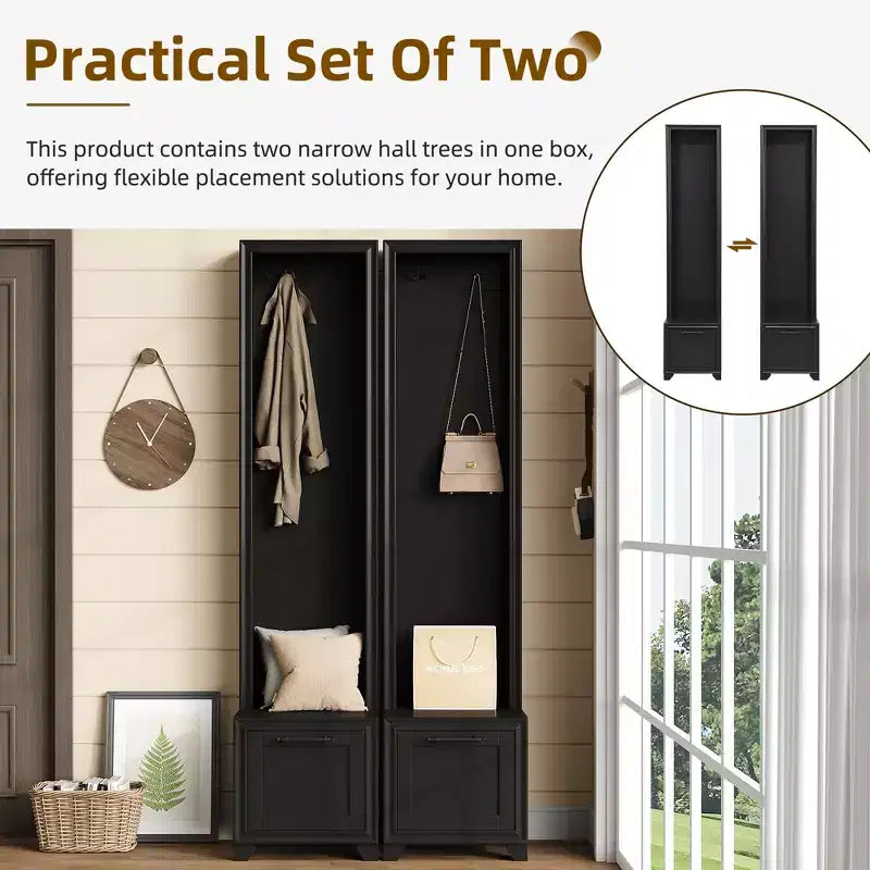 Whisen Elegant Free Standing Hall Tree Set of 2, Multifunctional 3-IN-1 Entryway Coat Rack with Black Retro Handles