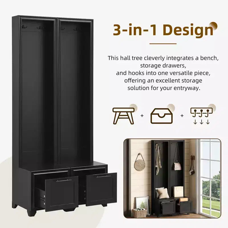Whisen Elegant Free Standing Hall Tree Set of 2, Multifunctional 3-IN-1 Entryway Coat Rack with Black Retro Handles