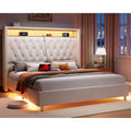 AMERLIFE LED Queen Bed Frame with 53.2 Storage Headboard,USB Ports,No Box Spring Needed,Begie