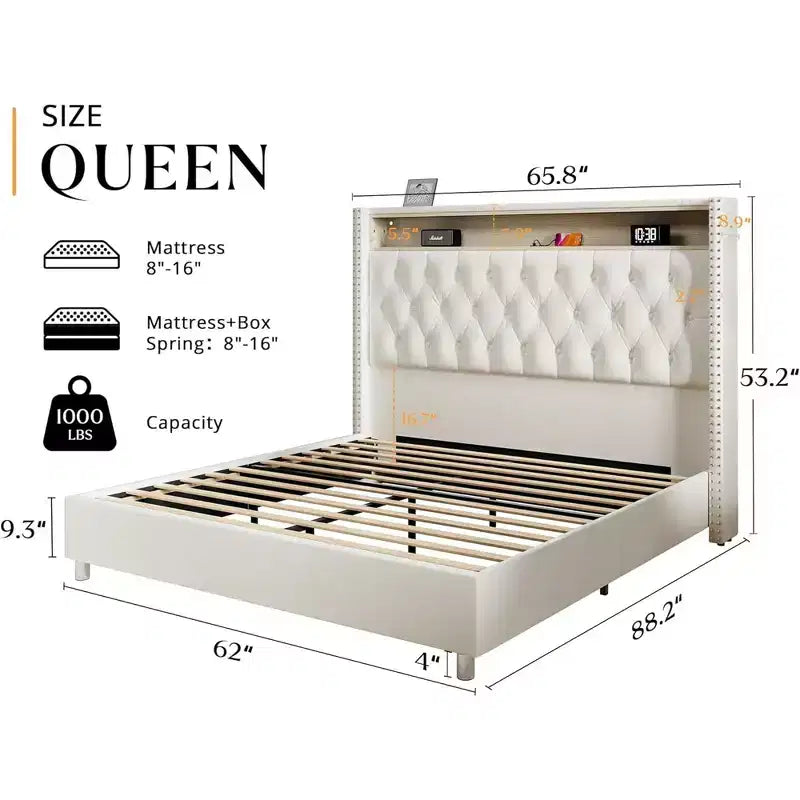 AMERLIFE LED Queen Bed Frame with 53.2 Storage Headboard,USB Ports,No Box Spring Needed,Begie