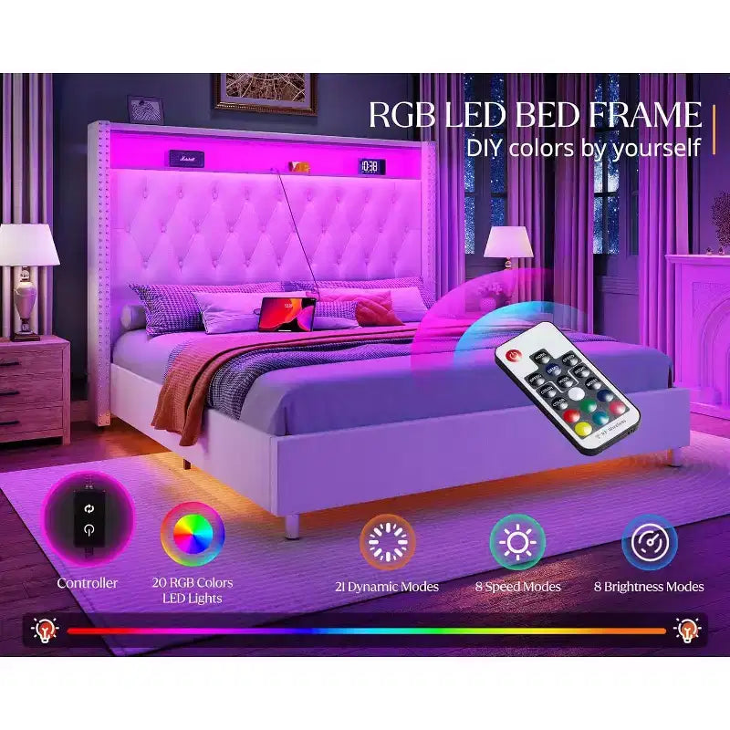 AMERLIFE LED Queen Bed Frame with 53.2 Storage Headboard,USB Ports,No Box Spring Needed,Begie