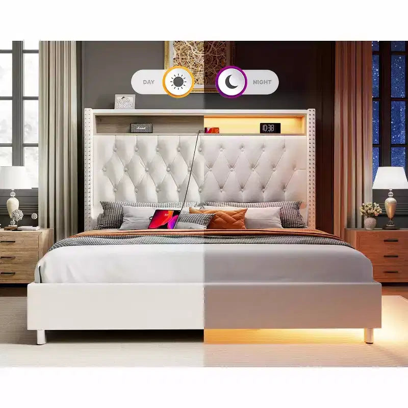 AMERLIFE LED Queen Bed Frame with 53.2 Storage Headboard,USB Ports,No Box Spring Needed,Begie