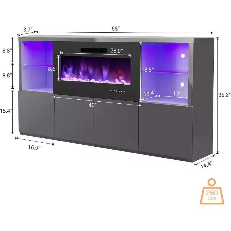 AMERLIFE 68 High Gloss Fireplace TV Stand with 40 Fireplace with LED Lights for TVs up to 78