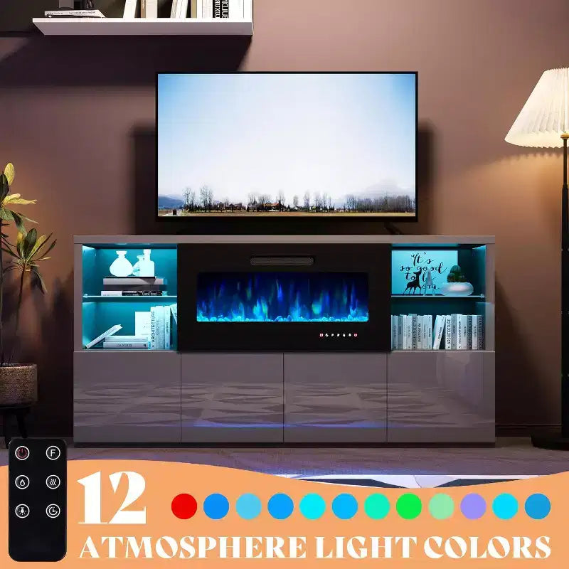AMERLIFE 68 High Gloss Fireplace TV Stand with 40 Fireplace with LED Lights for TVs up to 78