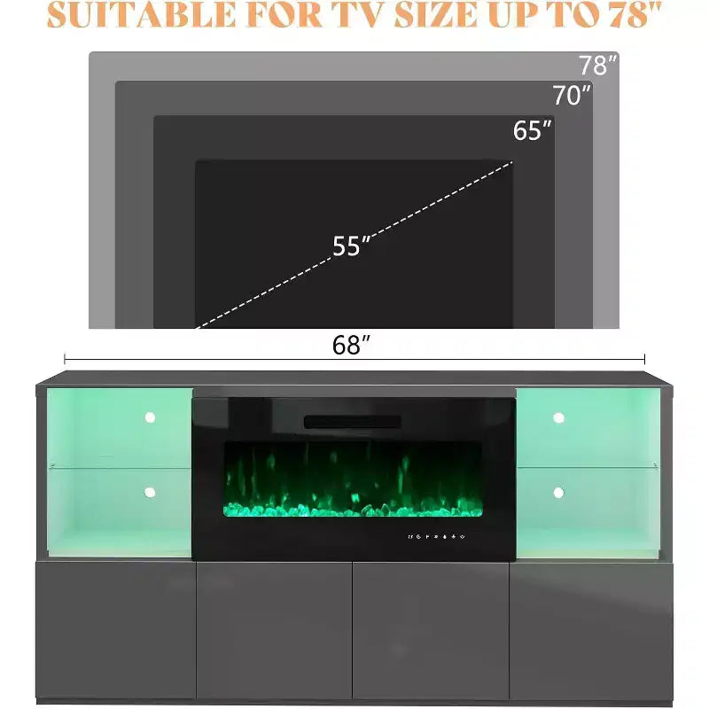 AMERLIFE 68 High Gloss Fireplace TV Stand with 40 Fireplace with LED Lights for TVs up to 78