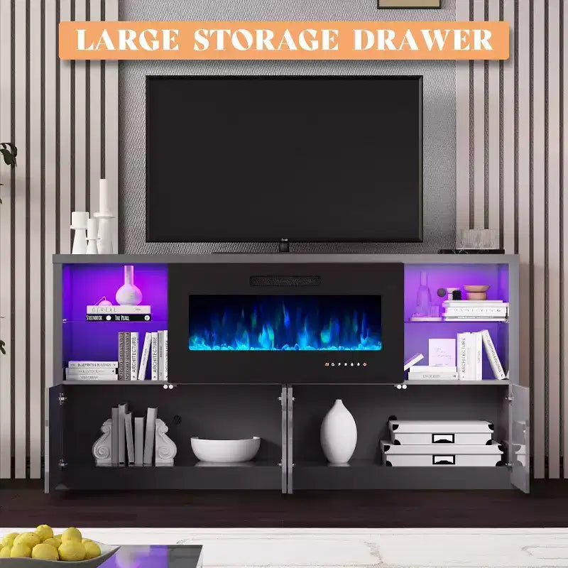 AMERLIFE 68 High Gloss Fireplace TV Stand with 40 Fireplace with LED Lights for TVs up to 78