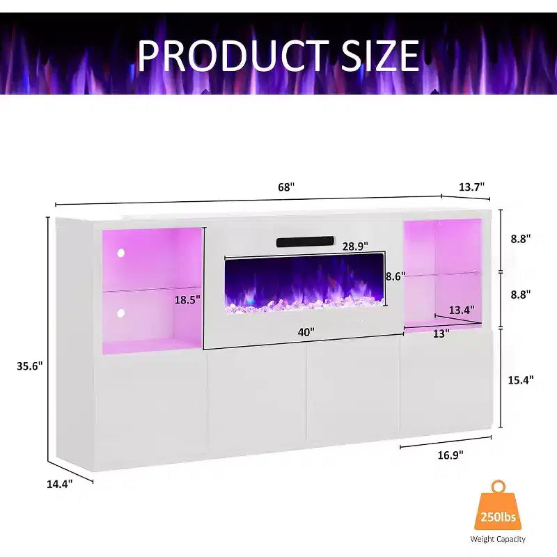AMERLIFE 68 High Gloss Fireplace TV Stand with 40 Fireplace with LED Lights for TVs up to 78