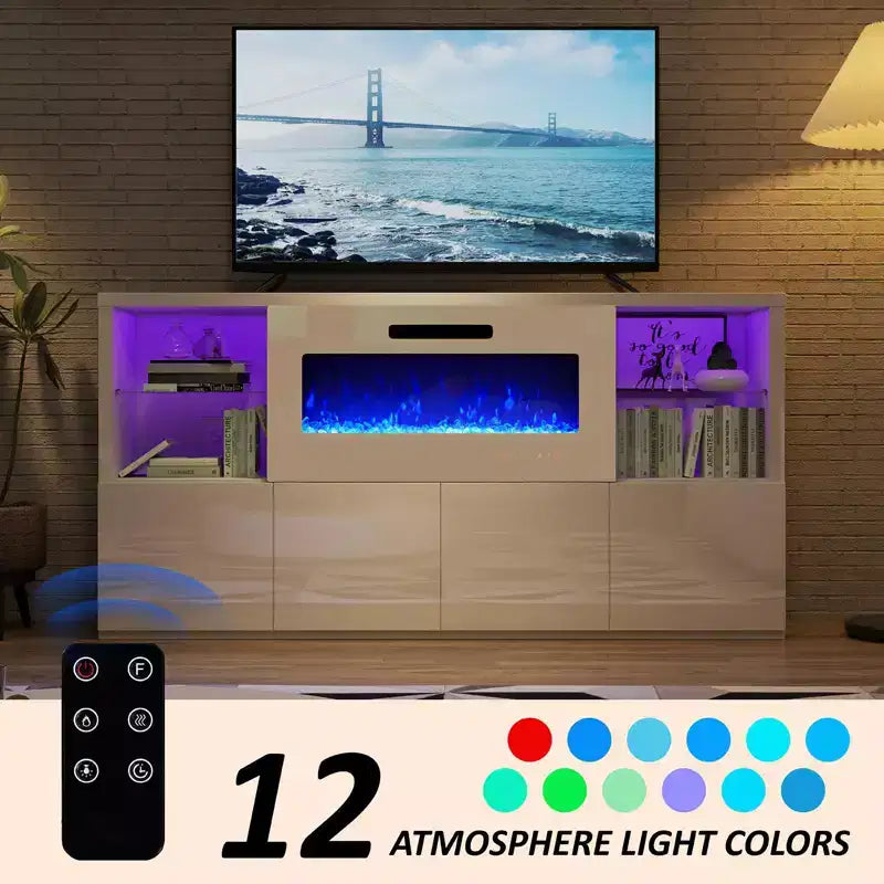 AMERLIFE 68 High Gloss Fireplace TV Stand with 40 Fireplace with LED Lights for TVs up to 78