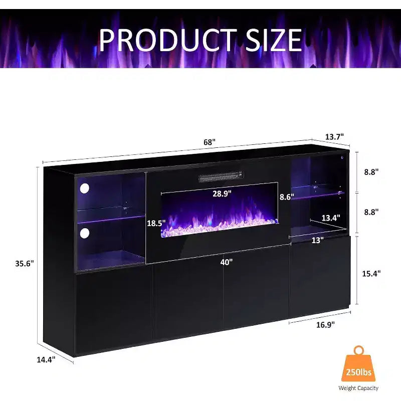 AMERLIFE 68 High Gloss Fireplace TV Stand with 40 Fireplace with LED Lights for TVs up to 78