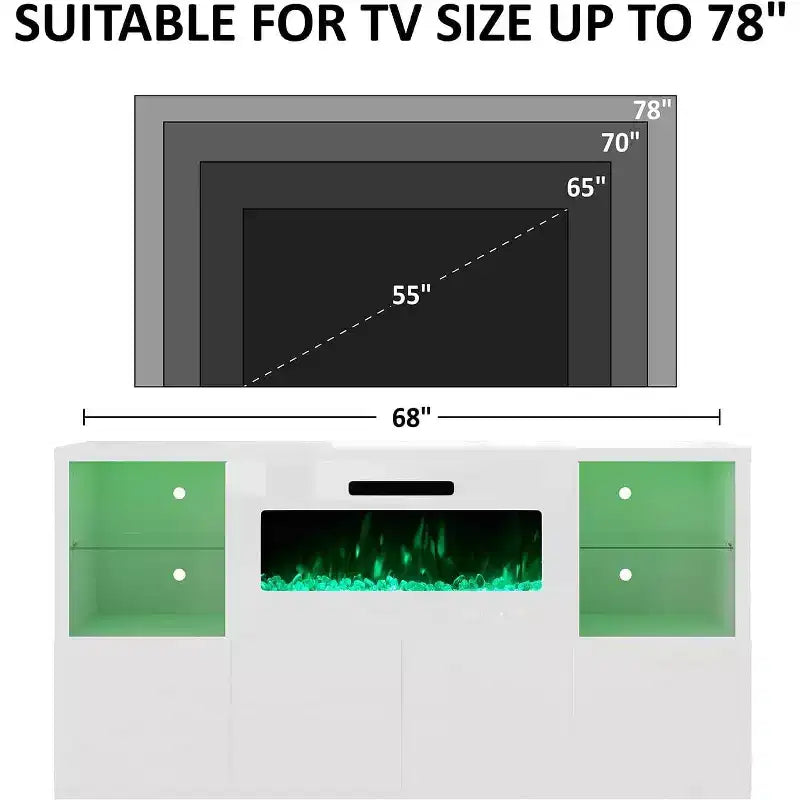 AMERLIFE 68 High Gloss Fireplace TV Stand with 40 Fireplace with LED Lights for TVs up to 78