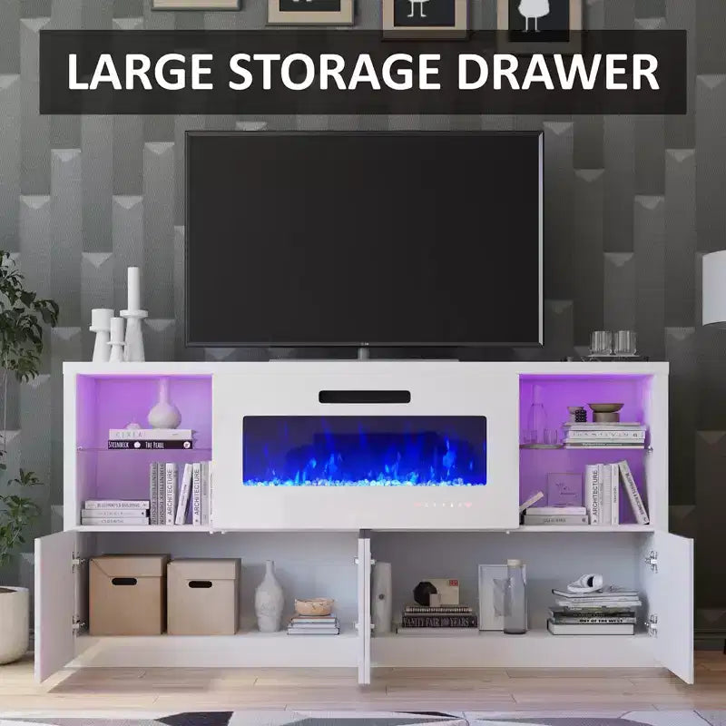 AMERLIFE 68 High Gloss Fireplace TV Stand with 40 Fireplace with LED Lights for TVs up to 78
