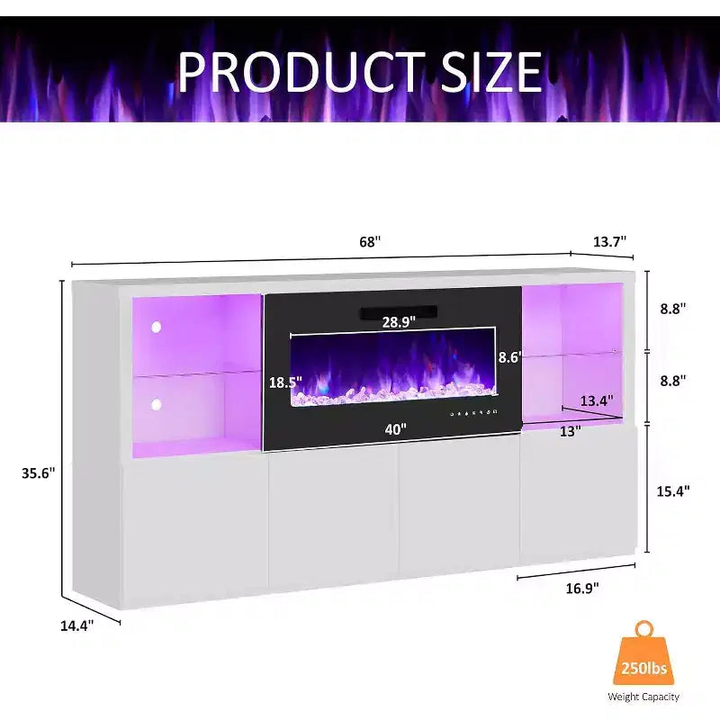 AMERLIFE 68 High Gloss Fireplace TV Stand with 40 Fireplace with LED Lights for TVs up to 78
