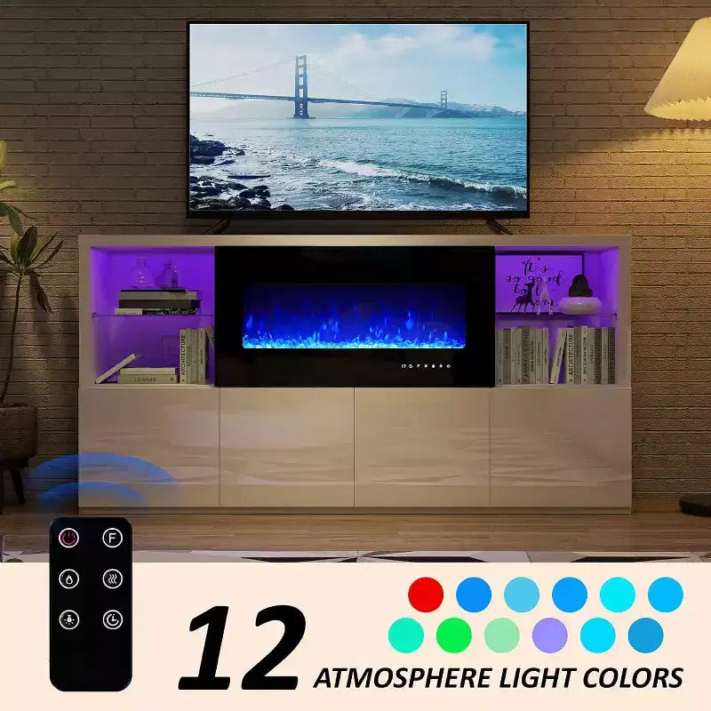 AMERLIFE 68 High Gloss Fireplace TV Stand with 40 Fireplace with LED Lights for TVs up to 78