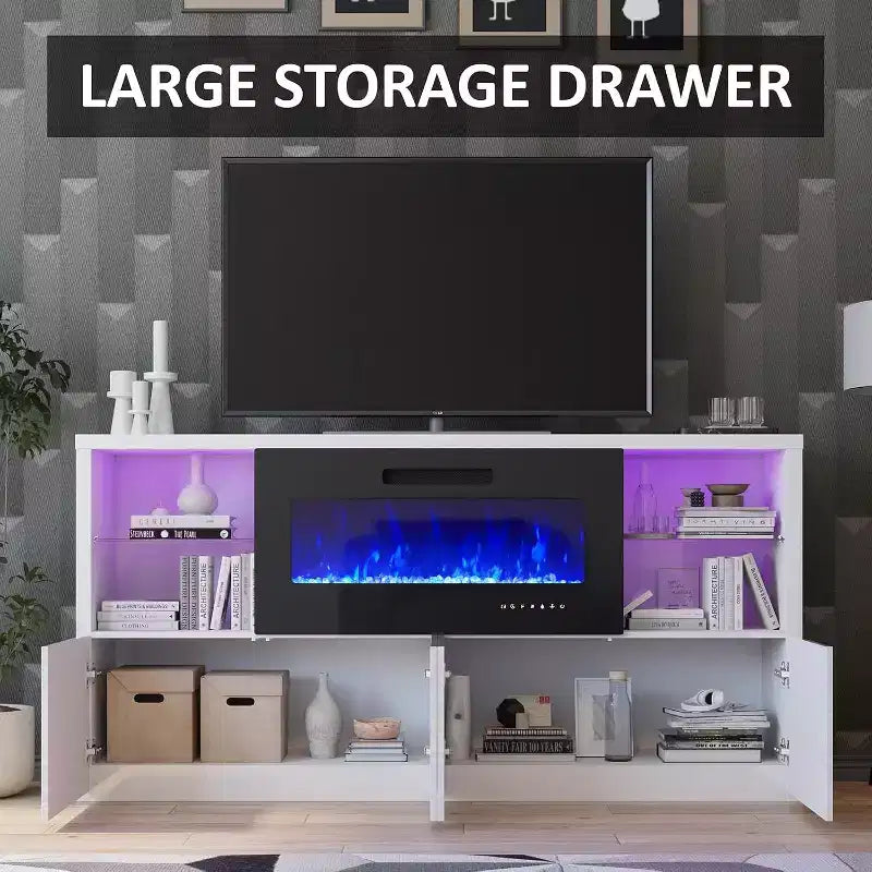 AMERLIFE 68 High Gloss Fireplace TV Stand with 40 Fireplace with LED Lights for TVs up to 78