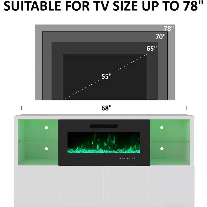 AMERLIFE 68 High Gloss Fireplace TV Stand with 40 Fireplace with LED Lights for TVs up to 78