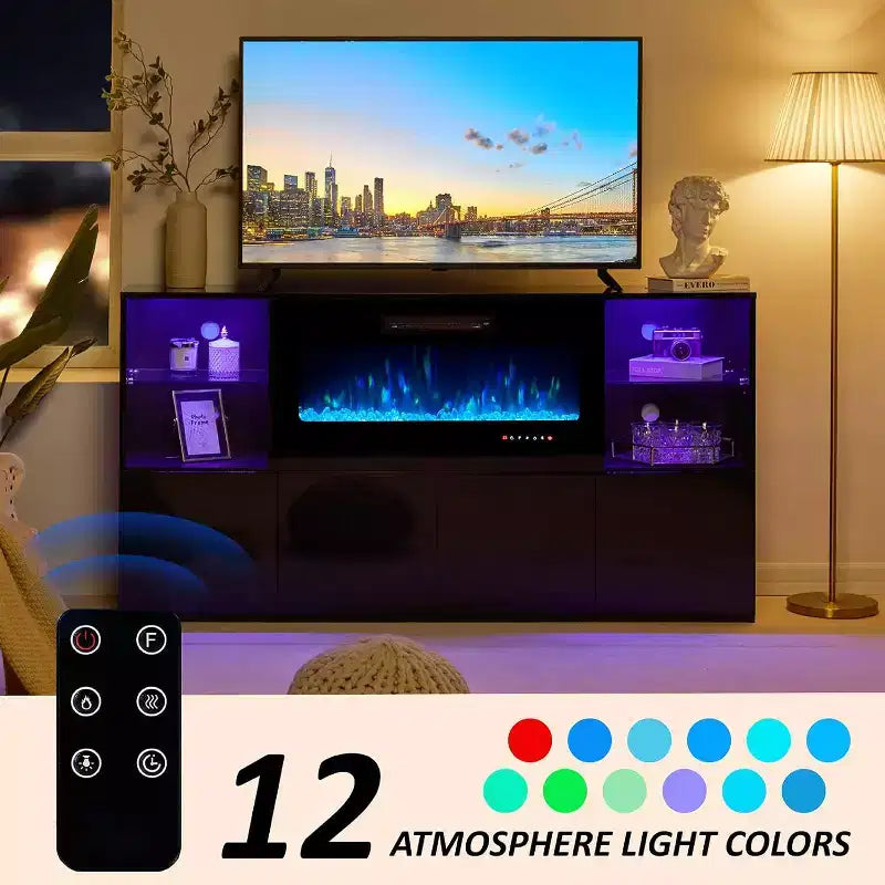 AMERLIFE 68 High Gloss Fireplace TV Stand with 40 Fireplace with LED Lights for TVs up to 78
