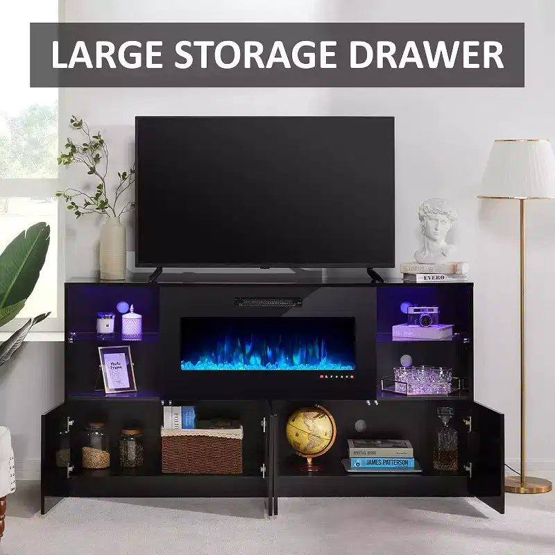 AMERLIFE 68 High Gloss Fireplace TV Stand with 40 Fireplace with LED Lights for TVs up to 78