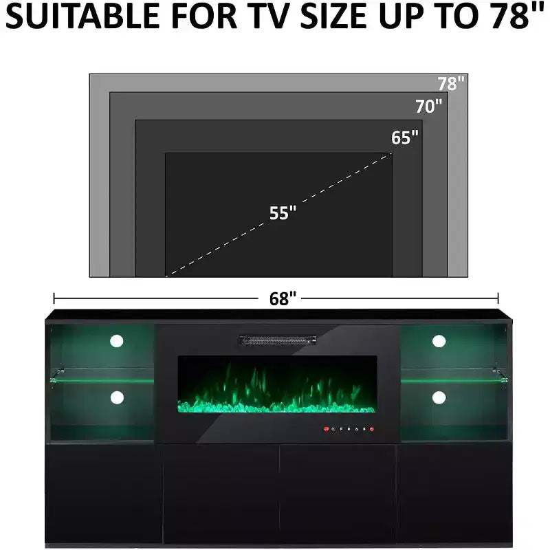 AMERLIFE 68 High Gloss Fireplace TV Stand with 40 Fireplace with LED Lights for TVs up to 78