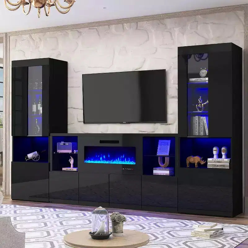 AMERLIFE 68 High Gloss Fireplace TV Stand with 40 Fireplace with LED Lights for TVs up to 78