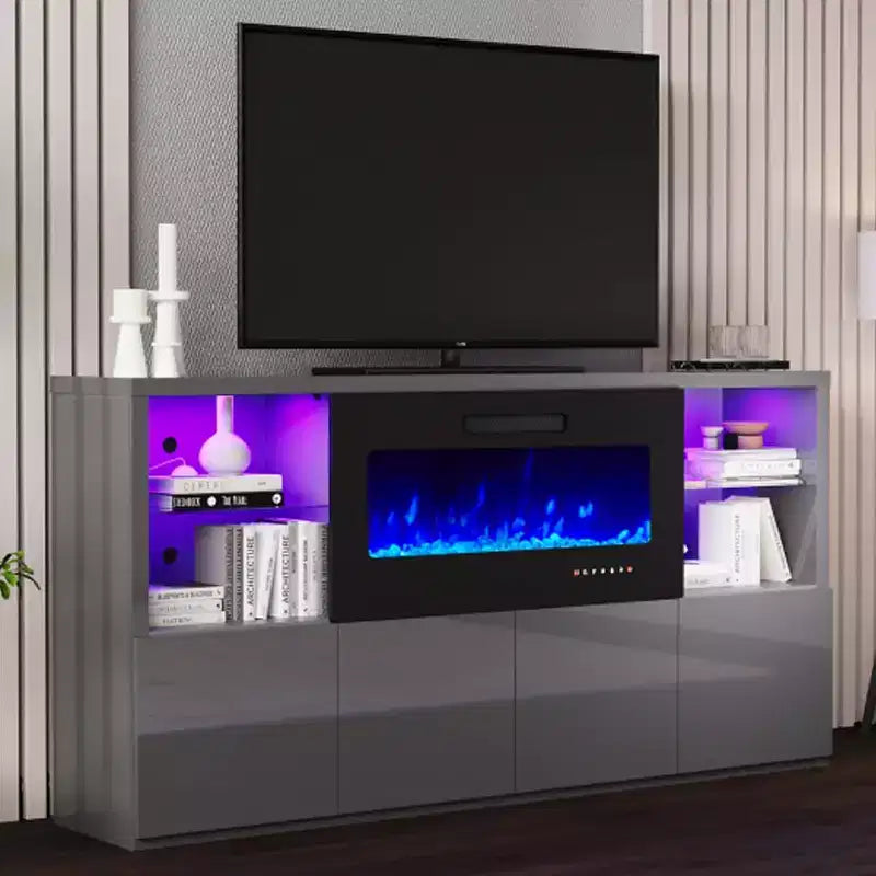 AMERLIFE 68 High Gloss Fireplace TV Stand with 40 Fireplace with LED Lights for TVs up to 78