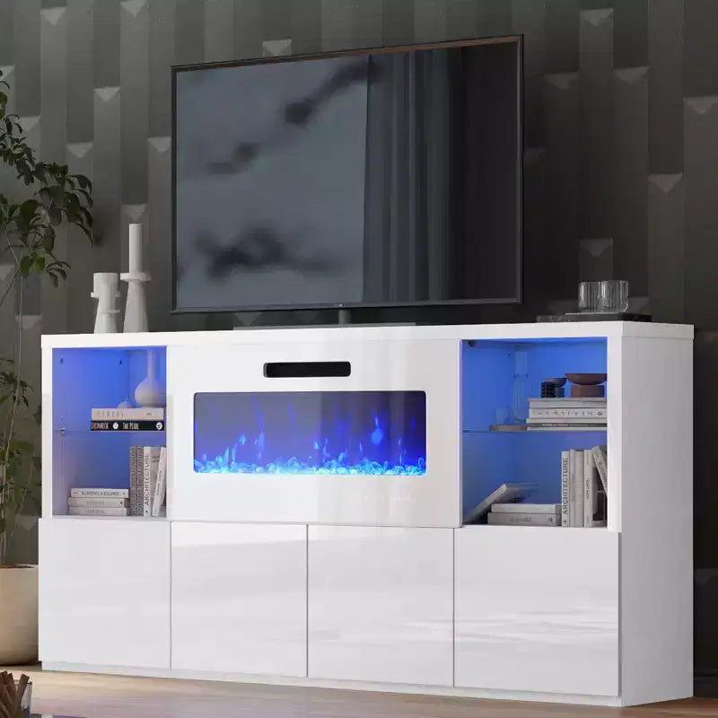 AMERLIFE 68 High Gloss Fireplace TV Stand with 40 Fireplace with LED Lights for TVs up to 78