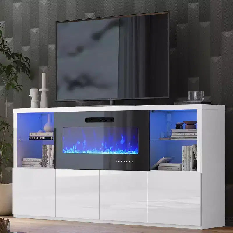 AMERLIFE 68 High Gloss Fireplace TV Stand with 40 Fireplace with LED Lights for TVs up to 78