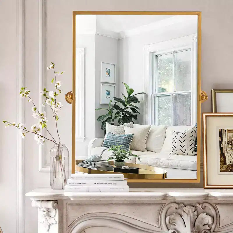 38x26 Rectangle Bathroom Mirror with Metal Frame, HD Images and Explosion Proof Glass Gold