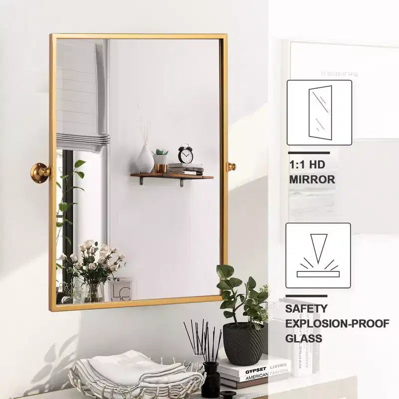 38x26 Rectangle Bathroom Mirror with Metal Frame, HD Images and Explosion Proof Glass Gold