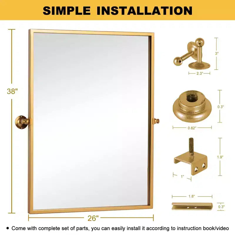 38x26 Rectangle Bathroom Mirror with Metal Frame, HD Images and Explosion Proof Glass Gold