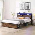 Okak King Metal Bed Frame with Wooden Headboard and Footboard USB,Platform Bed Frame with Charging Station,LED Lights for Bedroom,Black Brown