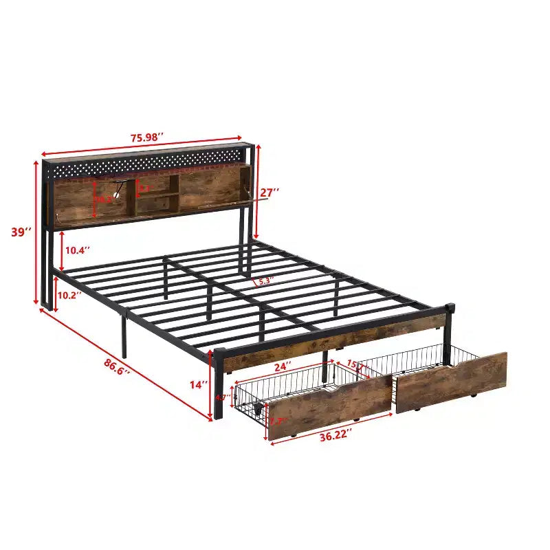 Okak King Metal Bed Frame with Wooden Headboard and Footboard USB,Platform Bed Frame with Charging Station,LED Lights for Bedroom,Black Brown