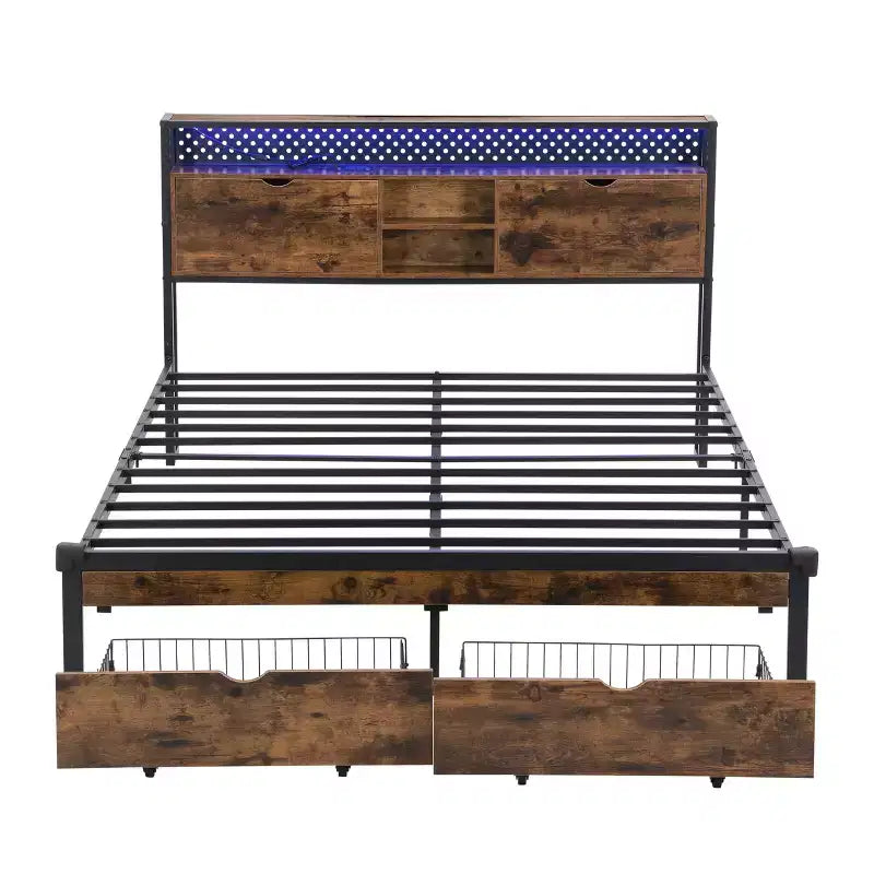 Cadre de lit en métal Okak King avec tête et pied de lit en bois USB, cadre de lit plateforme avec station de recharge, lumières LED pour chambre, noir marron