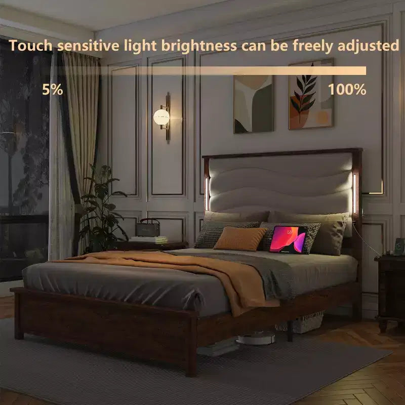 CLIHOME Beige Linen Upholstered Headboard Bed Frame with Charging Station and LED Lights, Wood Slats