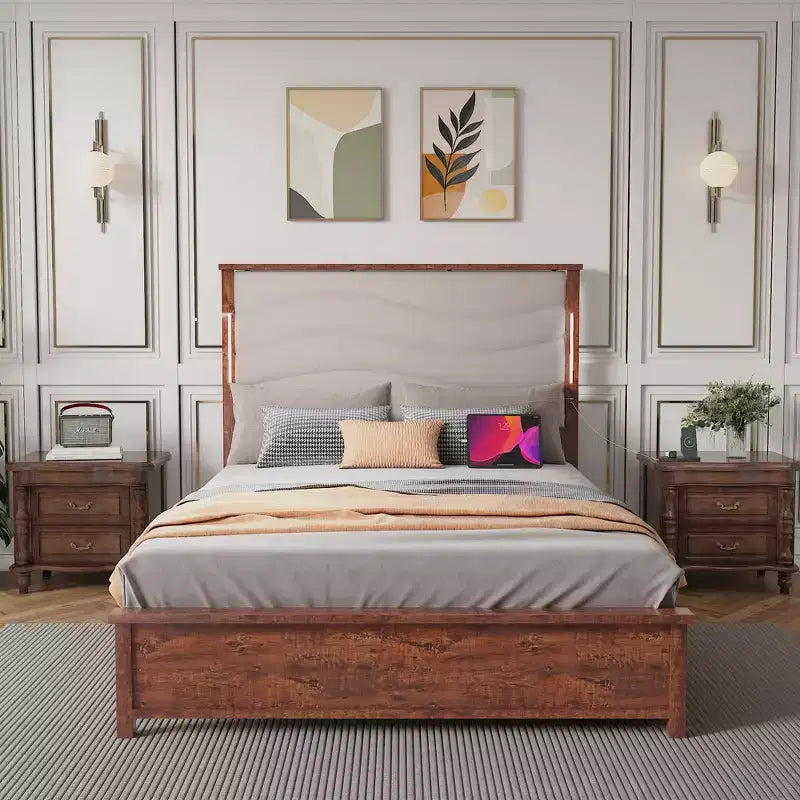 CLIHOME Beige Linen Upholstered Headboard Bed Frame with Charging Station and LED Lights, Wood Slats