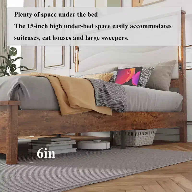 CLIHOME Beige Linen Upholstered Headboard Bed Frame with Charging Station and LED Lights, Wood Slats