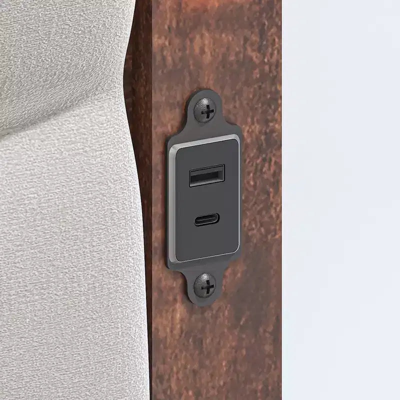 CLIHOME Beige Linen Upholstered Headboard Bed Frame with Charging Station and LED Lights, Wood Slats