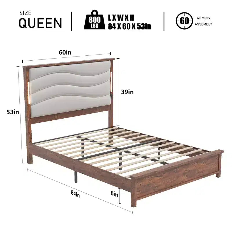 CLIHOME Beige Linen Upholstered Headboard Bed Frame with Charging Station and LED Lights, Wood Slats